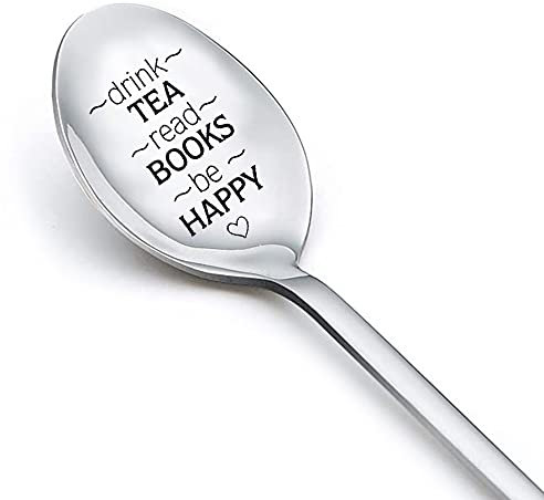 Tea Book Lovers Gifts Spoon for Women Men Drink Tea Read Books Be Happy Spoons for Tea Lover Book Reader Friendship Gifts for Girls Boys Graduation Birthday Gift for Family Student Friend Teaspoon