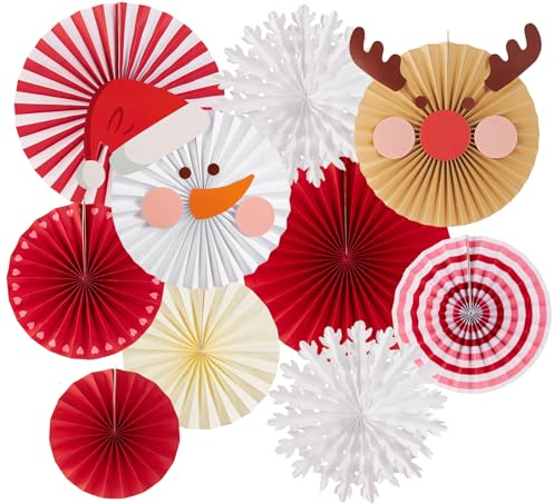SUNBEAUTY 10 Stück Papier Fächer Weihnachtsstern Dekorpapier Elch Weihnachtsmann Dekoration Hanging Rot Weiß Papierfächer Party Deko für Hochzeit Geburtstag Tischdeko Weihnachtsdeko