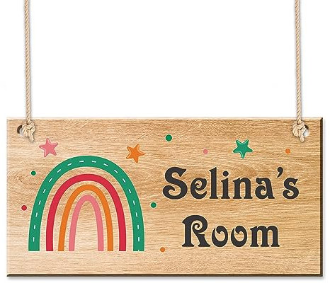 Personalised Bedroom Door Signs Wooden Room Décor Bedroom Accessories Rectangle Name Door Sign Plaques Custom Gifts for Christmas UV Printed with Any Name for Son Daughter Nephew Kids Baby (Design1)