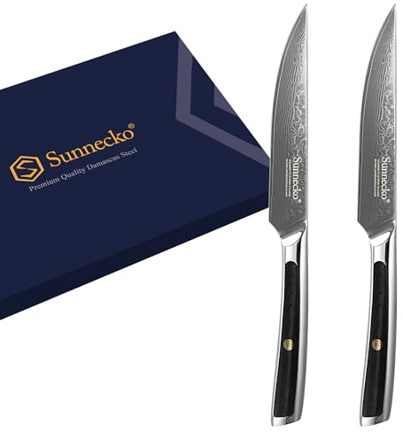 Sunnecko Set Couteau Cuisine Viande 13cm, Couteaux à Steak 2 Pièces en Acier Damas 73 Couches, Couteaux de Cuisine Professionnel avec Poignée G10