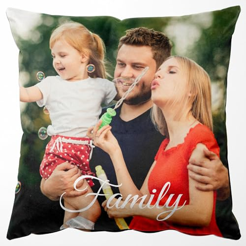 Easycosy Personalisiertes Kissen aus Premium Samt mit Foto, Doppelseitiger FotoKissen-Bezug mit 2 Fotos & Text Bedrucken als Fotogeschenke zum Geburtstag Weihnachten-ohne Kissenfüllung (30 x 30 cm)