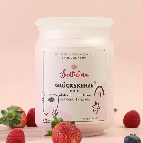 Candy Berry Duftkerze – Glückskerze mit zufälliger Botschaft | süß-fruchtig mit Bonbon-Note, ein verspieltes Geschenk für Freundinnen | 450g Sojawachs im Glas, Brenndauer ca. 45 Std