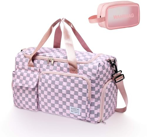 Small Gym Bag for Women, Travel Duffle Bag Carry On Weekender with Shoe Compartment, 39# Pink Checkered
