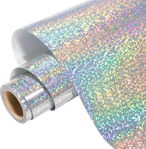 WRAPXPERT Silver Holographic HTV Iron on Silver Heat Transfer Vinyl for T-Shirts, 12''x5ft Holographic Glitter Vinyl Rolls for DIY Clothing Pattern,Stretchable & Washable