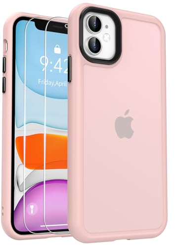 Kmofizle Handyhülle für iPhone 11 Hülle mit Schutzfolie, [Transluzente Matte] Stoßfeste Kratzfeste Schutzhülle, [Anti-Fingerabdruck] rutschfeste Handyhülle iPhone 11, Rosa