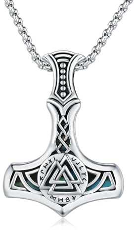 MEDWISE Thors Hammer Halskette 925 Sterling Silber Valknut Keltisches Kette Mjölnir Anhänger Abalone Muschel Kette Wikinger Valknut Anhänger Schmuck für Damen Unisex Herren Teenager Weihnachts