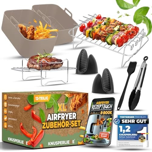 KNUSPERLIEBE® Ninja Heißluftfritteuse Zubehör Set 12-teilig für Airfryer, Ninja Foodi AF300, AF400,AF451, Double Stack 7,6L-9.5L und Dual Zone Air Fryer, BPA-Frei | Air Fryer Accessories inkl. E-BOOK