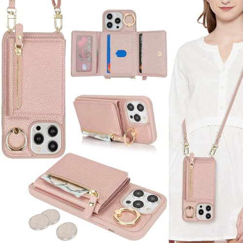ELTEKER Handyhülle für iPhone 14 Pro Hülle mit Band Kartenfach Ringhalterung Geldbörse,Leder Klapphülle Umhängetasche Handytasche für iPhone 14 Pro - roségold