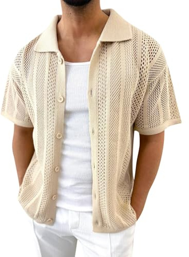 Kurzarmhemd für Herren Strick Kurzarm Retro Rever Hemd Tshirts Button Down Slim Fit Hemden Bequeme Leicht Strickhemd Lässig Shirt Jacke mit Knopfleiste Sommer Herbst Hemd Einfarbige