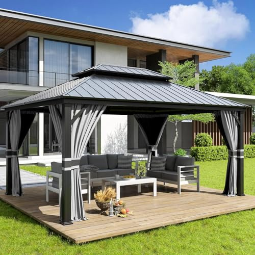 Amopatio 3.65 x 4.85 m Gartenpavillon Wasserdicht Stabil Winterfest Hardtop Pavillon, Verzinkter Stahl Doppeldach Aluminium Pavillon mit Moskitonetz und Vorhänge für Garten, Terrasse, Rasen, Grau