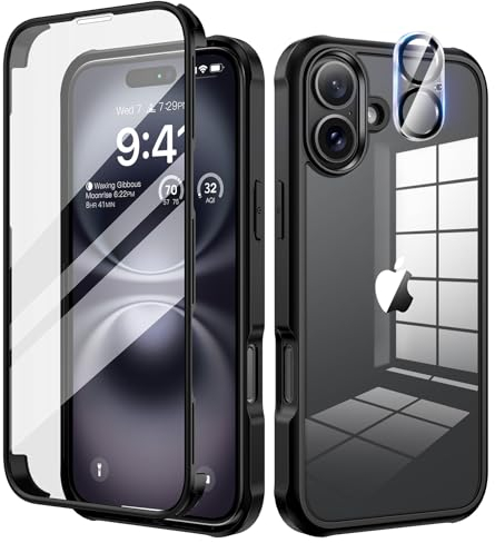 seacosmo für iPhone 16 Hülle mit eingebautem Panzerglas Displayschutz und Kamera Schutzfolie [9H HD], 360 Grad Handyhülle Ganzkörper Stoßfeste iPhone 16 Case - Schwarz