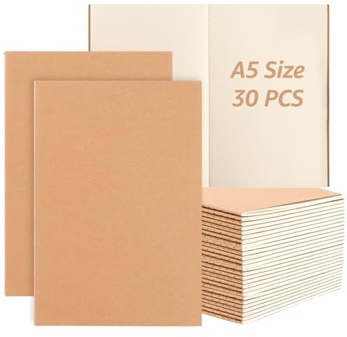 APACALI 30 Stück Notizbuch A5 Blanko, 60 Seiten (30 Blätter) Notizblock Skizzenbuch Kraft Cover, 21x14,5cm Notizbücher für Büro und Schule, zum Zeichen, Doodling, Schreiben