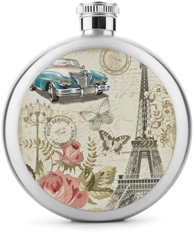 Flacon De Hanche En Acier Inoxydable Fleurs De La Tour Eiffel Flasque À Alcool Bouteille De Whisky De Poche Pour Vodka Rum 9x9cm