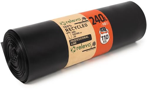 Bolsas Basura Relevo, Resistentes, resisten hasta 110 kg, 100% Recicladas, Ecológicas y Antigoteo, 240 L de Capacidad