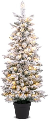 COSTWAY 4FT/5FT/6FT Artificial Pre-lit Christmas Tree, Snow Flocked Xmas Tree with 80/120/140 Warm White LED Lights and 8 Lighting Modes, Potted Pencil Seasonal Decoration Tree for Home Party (4FT)