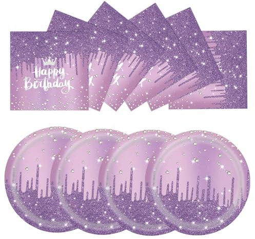 EVYIENEN 50 Pcs Purple Glitter Diamond Tableware Set, 25x7inch Paper Plates & 25x6.5inch Napkins Disposable Paper Plates Party Supplies For Women And Girls Birthday Wedding Decorations - Serves 25