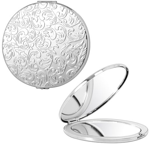 EYIWEITING Ovaler Mini-Metall-Klappspiegel, praktisch, kompakt, schön, robust und langlebig, 1X/2X Lupe. (Oval Muster Silber)