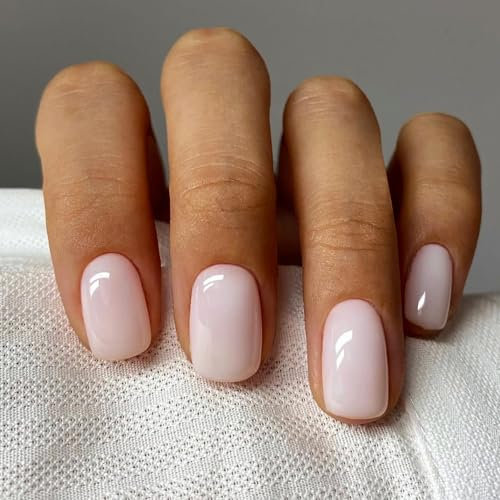 Ceboic 24Pcs Faux Ongles Court Carré Blanc Perle Press on Nails Glossy Couleur Pure Ongles à Coller Artificiels Ongles à Presser Acrylique Couverture Complète French Capsule Ongles pour Femmes Filles