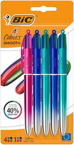BIC 4 Colours Smooth Druckkugelschreiber mit mittlerer Spitze (1,00 mm) mit blau, blaugrün und pink schillernden Schäften – verschiedene Tintenfarben, Packung à 5