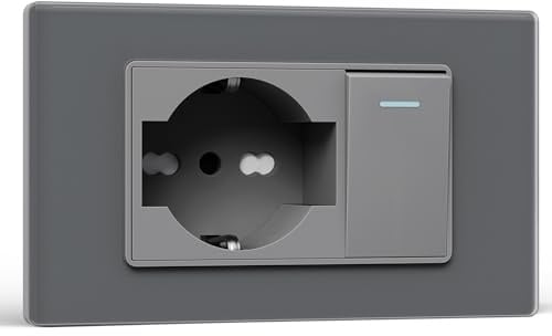 BSEED Steckdose Schuko e Interrutore 1 Gang 2 Vie, Steckdosen elektrisch da Muro 10A/16A e Interruttore a Levetta, Schuko con Pannello di Vetro, Steckdose Bipassa 118mm Grau