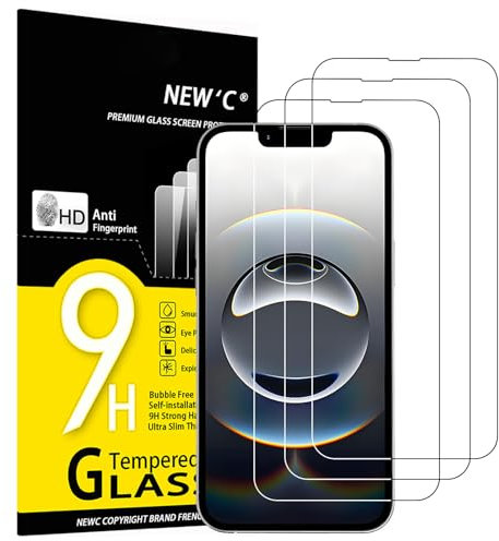 NEW'C 3 Piezas, Protector Pantalla para iPhone 16e (6,1 pulgadas), Cristal templado Antiarañazos, Antihuellas,Sin Burbujas, Dureza 9H,0.33 mm Ultra Transparente, Ultra Resistente