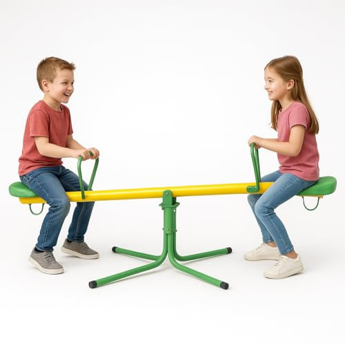 BAKAJI Altalena Basculante per Bambini Giallo e Verde con Struttura Resistente in Metallo, Attrezzatura per Parco Giochi, Esterno, Base Antiscivolo, Ideale per Esterno, Giardino, 185 x 99 x 75 cm