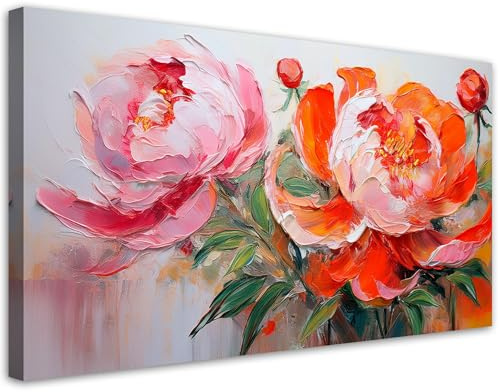 Feeby - Tableau sur Toile - Decoration Murale Peinture - Pivoines roses Fleurs orange - 100x50 1partie - Tableaux chambre à coucher - Decoration Chambre - Impression sur Toile