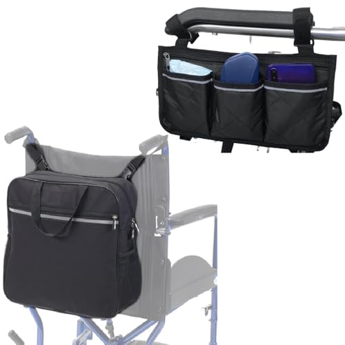 WRQIOO 2er-set Rollstuhltasche Hinten, Reflektierenden Rollstuhltasche für Armlehne mit 3 Fächern, Aufbewahrungstasche für Rollstühle, Tasche für Rollator für Rollstühle Kinderwagen