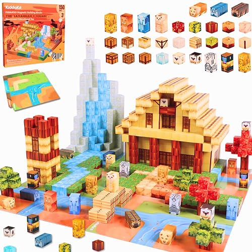 KiddoKit Magnetic Building Blocks for Kids, 150PCS Safari Animals Cubes Double-Sided Baseplate, Montessori STEM Easy Construction Toy Gift for Kids Age 3 4 5 6 7 8 9 10 Year Old