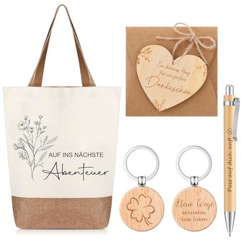 Hestya Abschiedsgeschenk Kollegen Stofftasche Frau Neuer Job Rente Geschenk | Kleeblatt Schlüsselanhänger, Kugelschreiber, Holzschild, Auf Ins Nächste Abenteuer, Geschenk zum Jobwechsel, Renteneintritt