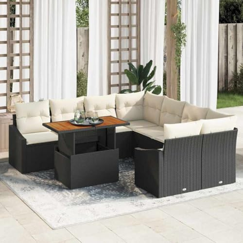 Teenpull Garten Essgruppe mit Kissen Schwarz und Creme, Poly Rattan und Akazienholz, 100 x 55 x 73 cm, Modernes Outdoor Dining Set für 8 Personen