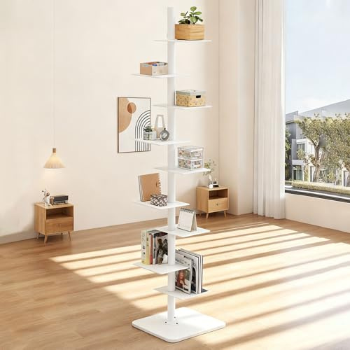 Hocomay Vertikaler Bücherturm Mit 9 Etagen, Metall Bücherregal Bodenstehendes Offene Regale 360 Grad Display Organisator Leiterregal Industriestil Für Studie Wohnzimmer Büro Schlafzimmer Weiß