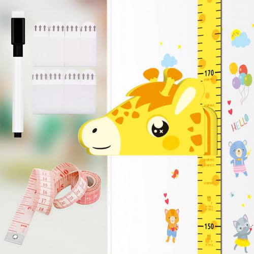 Wachstumsmesslatte magnetisch 180cm, Giraffenkopf ohne Bohren mit Stift | 3D magnetischer Giraffenkopf, Wiederbeschreibbar PE‑Messleiste, rückstandslos ablösbar, Set mit Klettstreifen, Aufkleber