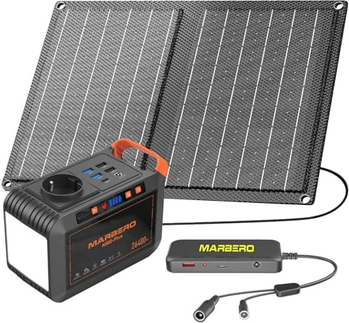 MARBERO Tragbare Powerstation 98Wh mit 21W Falt-Solarpanel, 26400mAh Lithium-Ionen-Akku, 120W Reiner Sinuswelle 230V AC, 12V DC & USB. Ideal für Camping, Picknick, Garten und Notstrom.