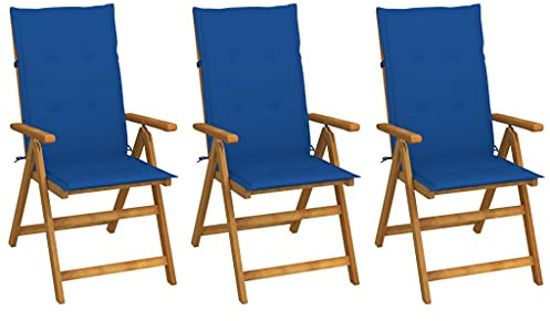 Owoxanthellate 3er Set Klappstühle Akazie 57x69x111 cm Königsblau mit Auflagen Gartenstuhl Balkonstuhl 5-Fach verstellbar für Terrasse Camping Kleiner Balkon