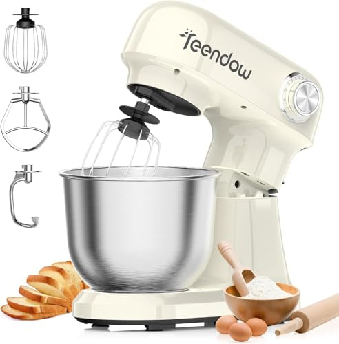 Teendow Küchenmaschine1500W,12 Geschwindigkeitsstufen & Pulsfunktion,Teigmaschine mit 4,7L Edelstahlschüssel, inkl. Knethaken, Rührbesen und Flachschneider, milchig weiß