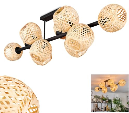 HOFSTEIN Deckenleuchte Basto, Deckenlampe aus Metall/Bambus in Schwarz/Natur, moderne Leuchte im Retro/Vintage/Boho-Design (Ø Schirme 15 cm), Lichteffekt, 10 x E14, Esszimmer, Wohnzimmer, Schlafzimmer