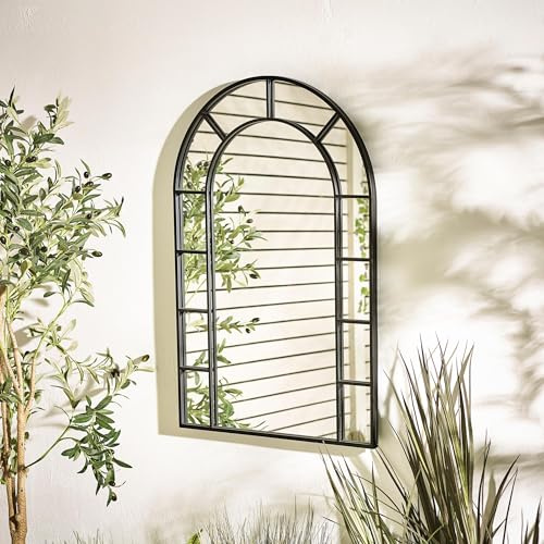 Furniturebox UK Outdoor Accessories, Winona Black Large Arched Window Garden Wall Mirror 90x60cm, Painted Iron Frame, PVC Backing & Keyhole Hanging, Modern Arch Japandi Style