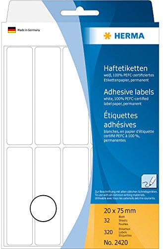 HERMA 2420 Rechteck abgerundet weiß 320pieza (S) – Selbstklebende Etikette, weiß, rechteck Rund, Zellulose, Papier, Premium, 20 mm, 75 mm