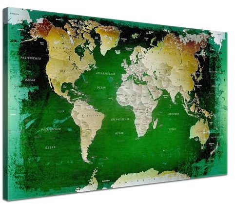 Stilvolle Pinnwand Weltkarte - Grün - Deutsch in 120 x 80 cm, stabile Rückwand zum Pinnen inkl. Starterkit - Leinwand-Kunstdruck Wandbild Landkarte XXL
