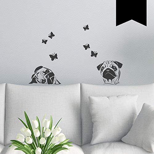 WANDKINGS Wandtattoo Möpse mit Schmetterlingen - A4 Set 21 x 30 cm - Schwarz - 35 Farben zur Wahl