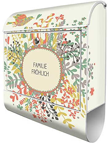 banjado® Design Briefkasten personalisiert mit WT Frühling 38,5x46,5x13cm & 2 Schlüssel - Briefkasten Stahl weiß mit Zeitungsfach pulverbeschichtet - Postkasten A4 Einwurf inkl. Montagematerial