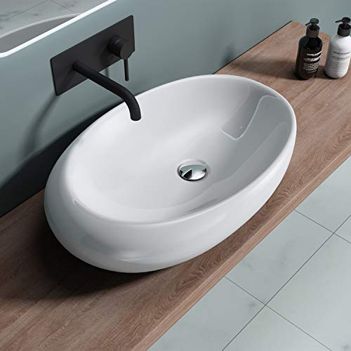 Durovin Bathrooms Ceramic Bathroom Basin - Countertop Sink Vessel with No Overflow - Shallow Fill No Tap Hole - Oval Shape Offset Rim (690 x 420 x 170mm)