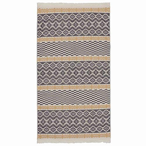 URBANARA Strandtuch Gilao - 100% Reine Baumwolle, mit geometrischem Muster und Fransen - 100 x 180 cm, Duschtuch, Handtuch, Badetuch, Saunatuch, Hamamtuch (Naturweiß/Dunkelblau/Senfgelb)