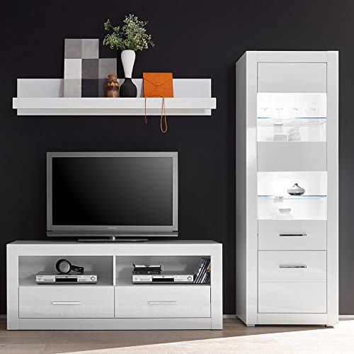 Lomadox Standvitrine und HiFi-Rack in weiß Hochglanz Moderne Optik & Wandboard