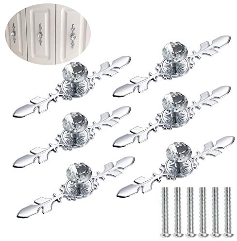 Anyasen tiradores de muebles 6 piezas Diamante Muebles Tiradores de Cristal Pomos Puertas Tiradores De Cristal con Placa De Plata y 6 piezas Tornillos para Armarios Cajones Cocina Gabinetes (116mm)