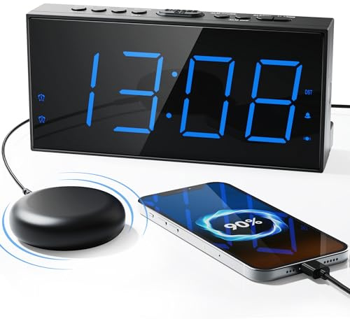 Super Loud Alarm Clock with Bed Shaker, Vibrating Alarm Clock for Heavy Sleepers Hearing Impaired Deaf Teens, Dual Clock with 7.5’’ Large Display, USB Charger, Dimmer, Snooze & Battery Backup
