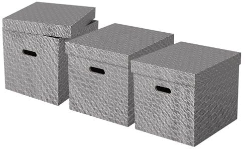 Esselte Large Storage Cubic Box With Lid, Pack Of 3, Suitable For Home/Office Storage & Organisation, 100% Recycled Cardboard, 100% Recyclable, Geometric Design, Grey, 628289
