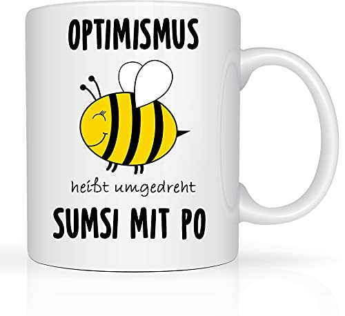 Print-Klex Lustige süße Tasse mit spruch Optimismus heißt umgedreht Sumsi mit Po - beidseitig bedruckt - Optimismustasse Biene Weiß Bürotasse für Kollegen Mitarbeiter Freund Freundin Keramik 330ml