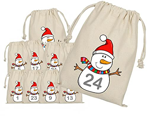 Adventskalender zum Befüllen, 24 Adventskalender Stoffbeutel, Bedruckt, Schneemann,Snowman, Weihnachten Geschenksäckchen,Säckchen, DIY Weihnachtskalender
